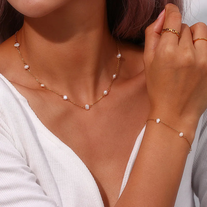Stainless Steel Pearl Necklace & Bracelet Set