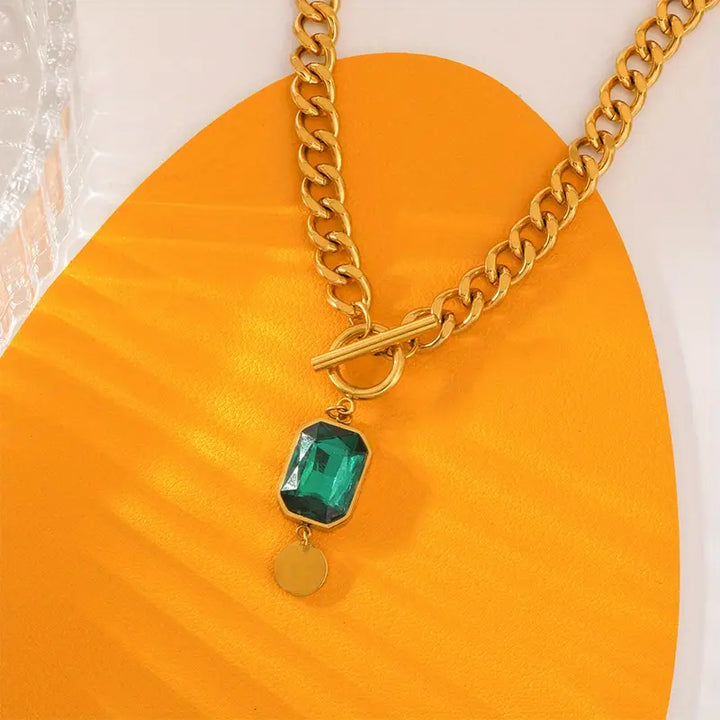 Chunky Chain Emerald Gold Pendant Necklace
