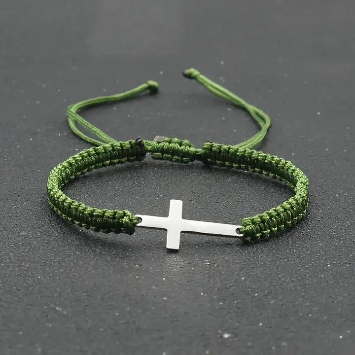 Handwoven Cross Bracelet With Silver Threads Charms