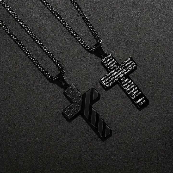 Stainless Steel Cross Necklace with American Flag & Bible Verse Pendant