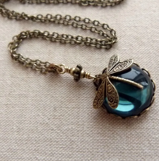 Retro Dragonfly Green Crystal Necklace