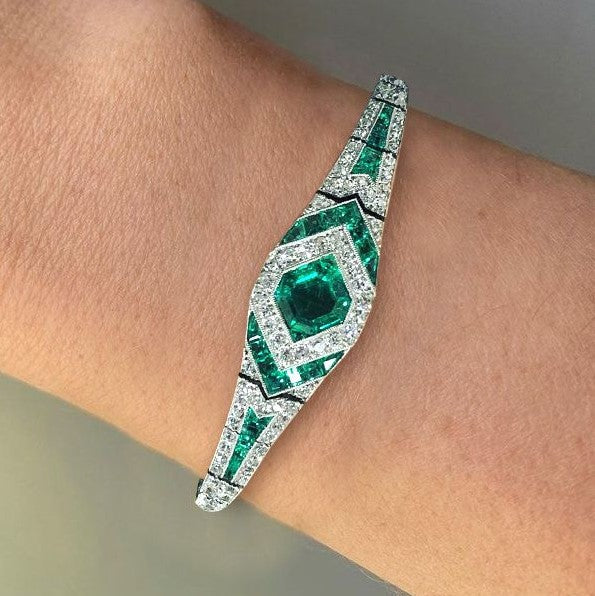 Art Deco Halo Asscher Cut Emerald Sapphire Bracelet