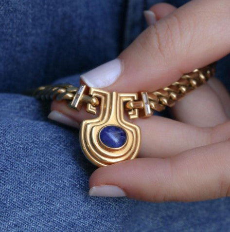 Vintage Golden Oval Blue Sapphire Necklace