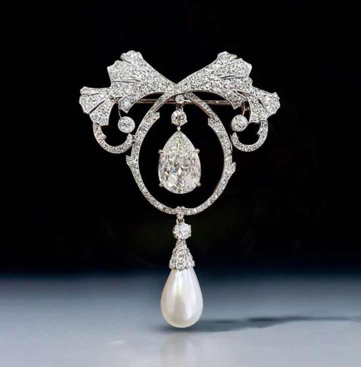 Fabulous Pear Cut Pearl & White Sapphire Brooch