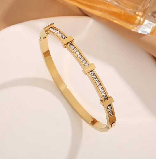 Simple Zircon Double Layer Geometric Open Bracelet