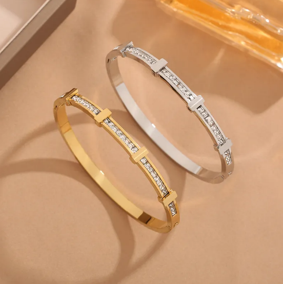 Simple Zircon Double Layer Geometric Open Bracelet