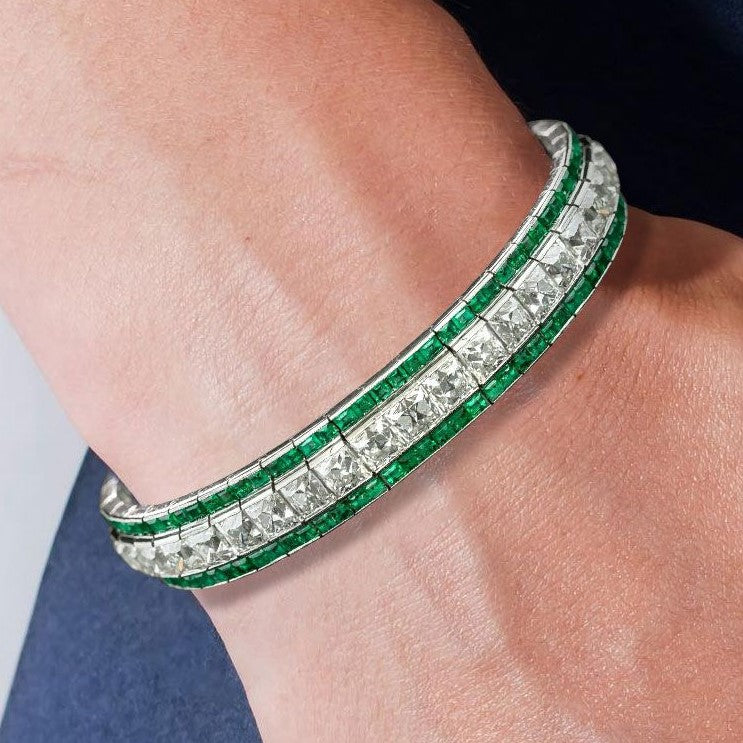 Art Deco Milgrain Princess Cut Emerald Sapphire Bracelet