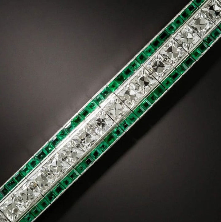 Art Deco Milgrain Princess Cut Emerald Sapphire Bracelet