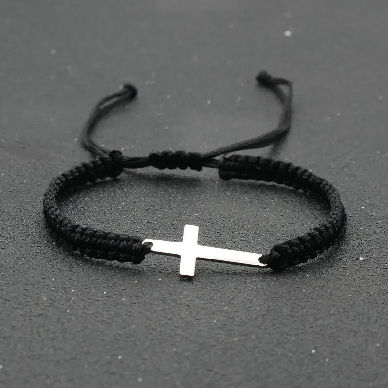 Handwoven Cross Bracelet With Silver Threads Charms