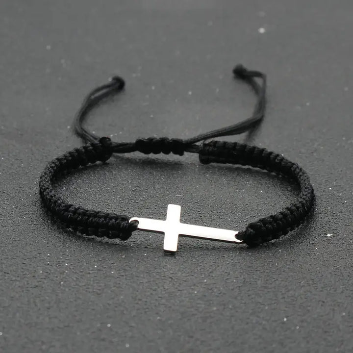 Handwoven Cross Bracelet With Silver Threads Charms