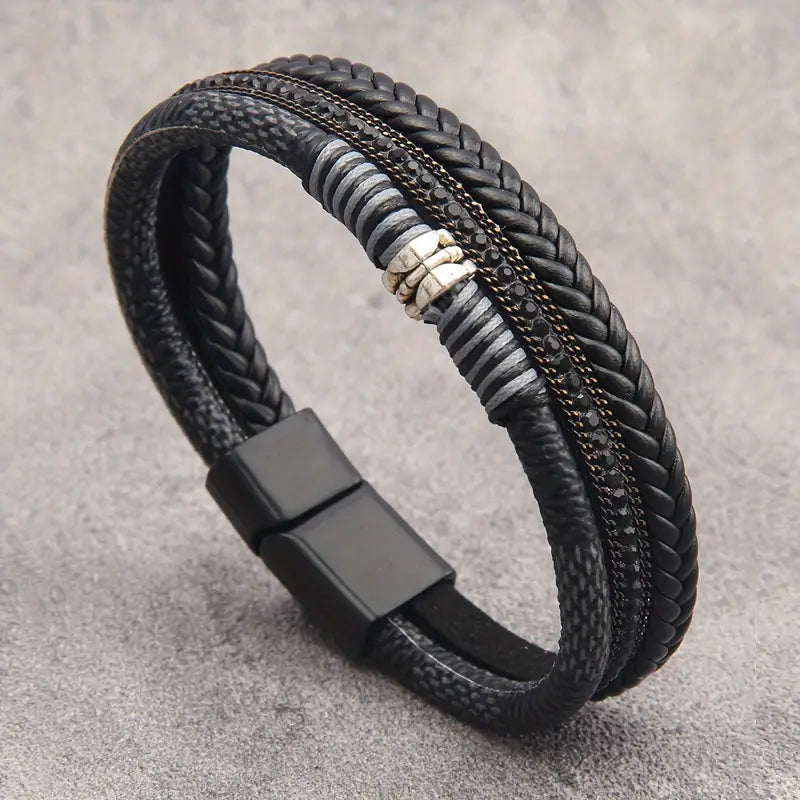Lux Layered Braided Polyurethane Leather Magnetic Bracelet