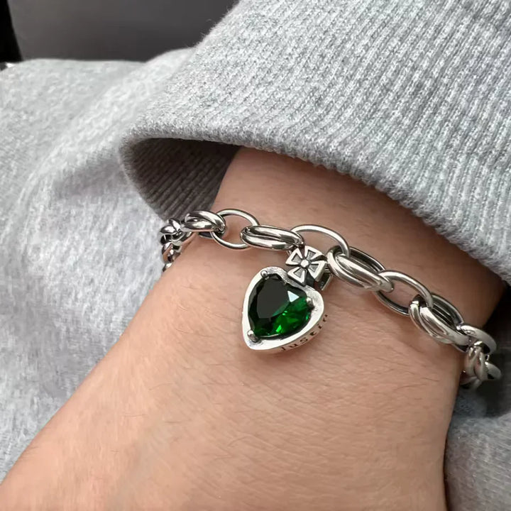 Green Crystal Gemstone Vintage Silver Charm Bracelet